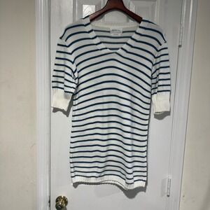 Eleven Six S/XS Blue White Striped Knit Dress 100% Peruvian Pima Cotton V Neck